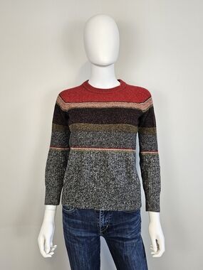 Roots Red Grey & Green Striped Wool Sweater Sz XS